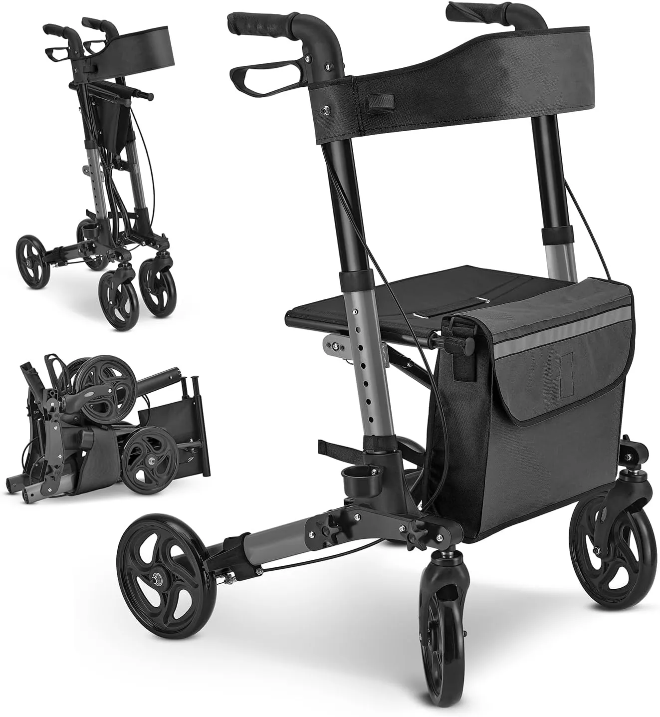 Bild von Juskys Vital Rollator in Schwarz, faltbar und leicht aus Aluminium, bis 130 kg belastbar, höhenverstellbar mit Sitz, Tasche und Regenschirmhalter
