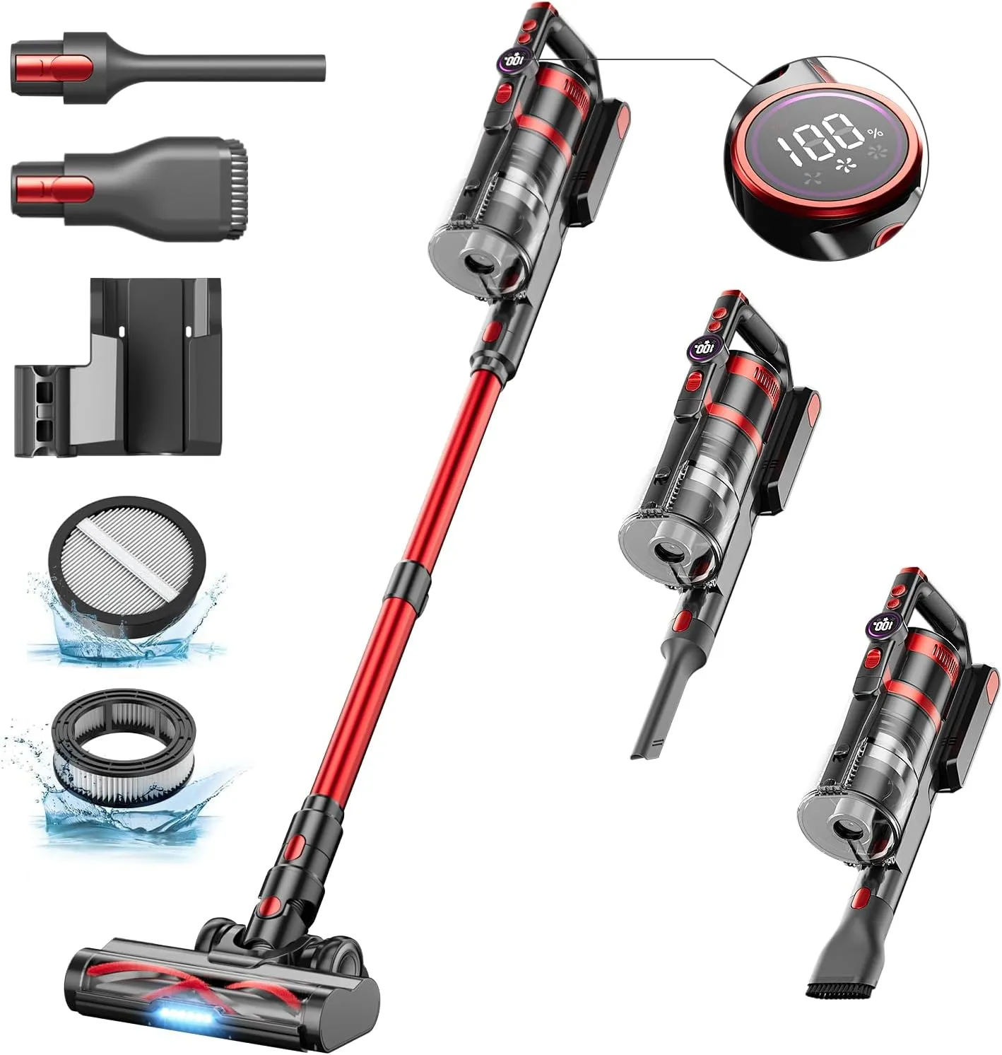 Bild von Kabelloser Staubsauger mit 45000 Pa Saugkraft und 550 W Leistung, 60 Minuten Akkulaufzeit, LED-Anzeige, 8-stufiger Zyklonfiltration und Anti-Tangle-Rollenbürste, 1,5 L 9-in-1 für Hartböden, Teppiche und Tierhaare