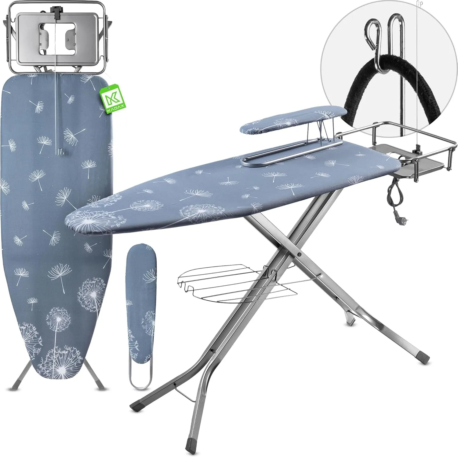 Bild von KADAX Bügelbrett 130x48 cm mit Steckdose und Bügeleisenablage in Dunkelblau