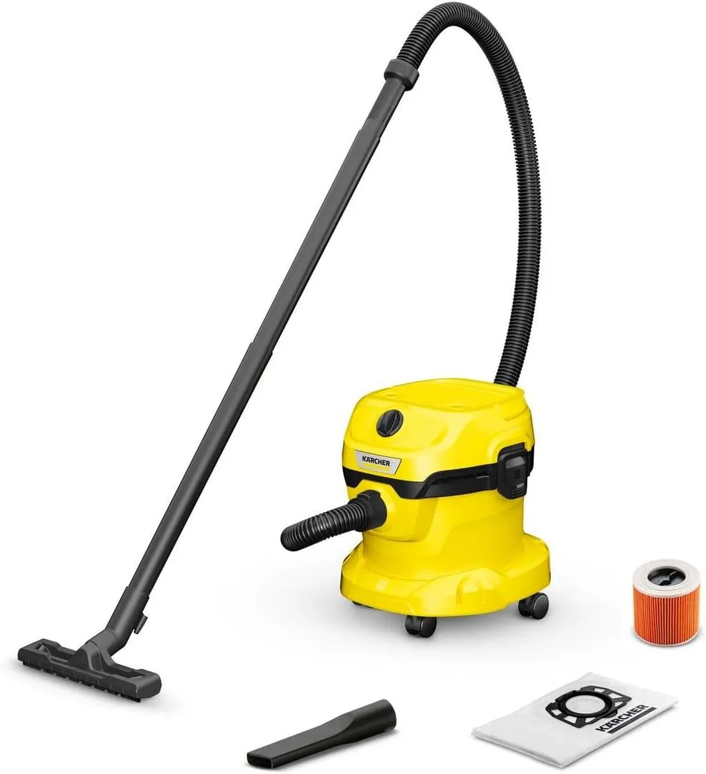 Bild von Kärcher WD 2 Plus Nass-/Trockensauger mit 12 l Behälter, 1000 W, 1,8 m Saugschlauch, Blasfunktion und Zubehör in Schwarz und Gelb