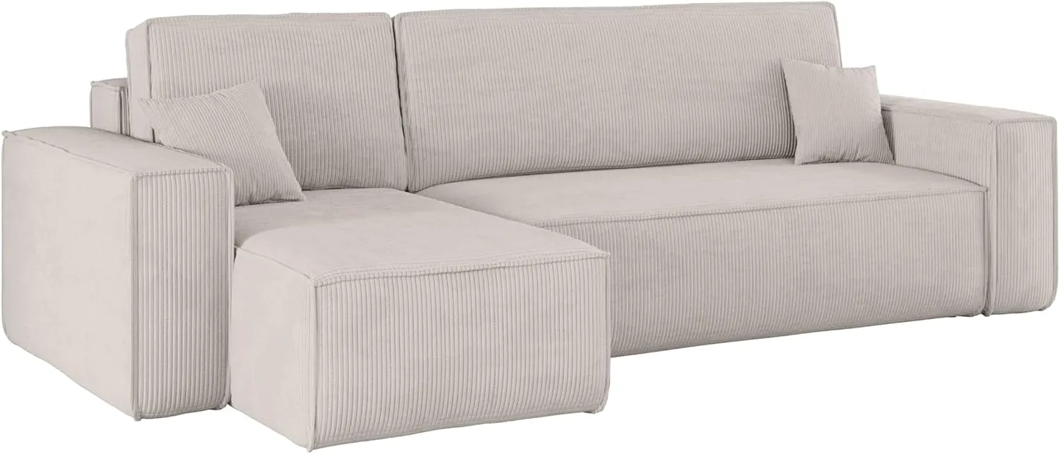 Bild von Kaiser Ecksofa mit Schlaffunktion und Bettkasten in Beige, modernes Design, freistehend, aus dickem Cord