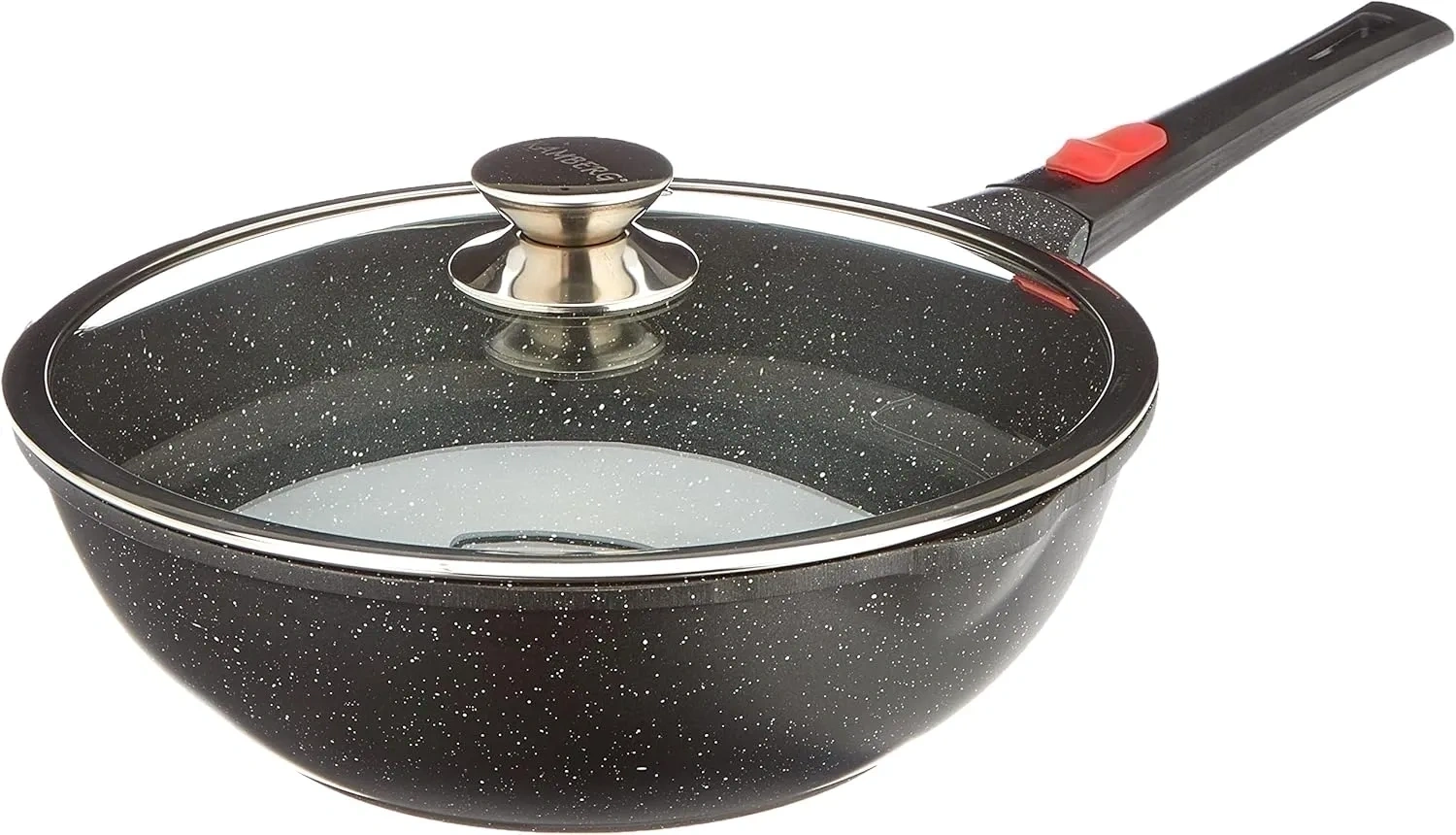 Bild von Kamberg Wok 30 cm mit abnehmbarem Griff und Glasdeckel, aus Aluminiumguss mit Steinoptik, für alle Herdarten, PFOA-frei
