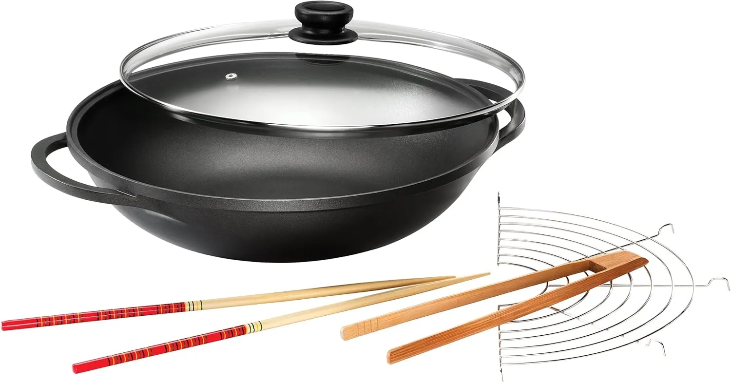 Bild von Karcher Mai-Lin Wok aus Aluguss mit 36 cm Durchmesser und Antihaftbeschichtung inklusive Glasdeckel und Zubehör in Schwarz