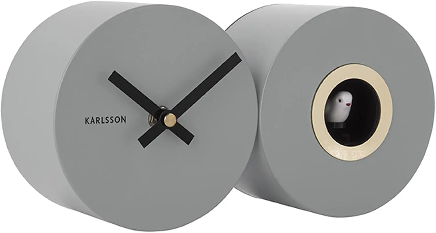 Bild von Karlsson Duo Cuckoo Wanduhr in Mausgrau, rund, aus Stahl, 26x13x7,2 cm, modern für das Wohnzimmer