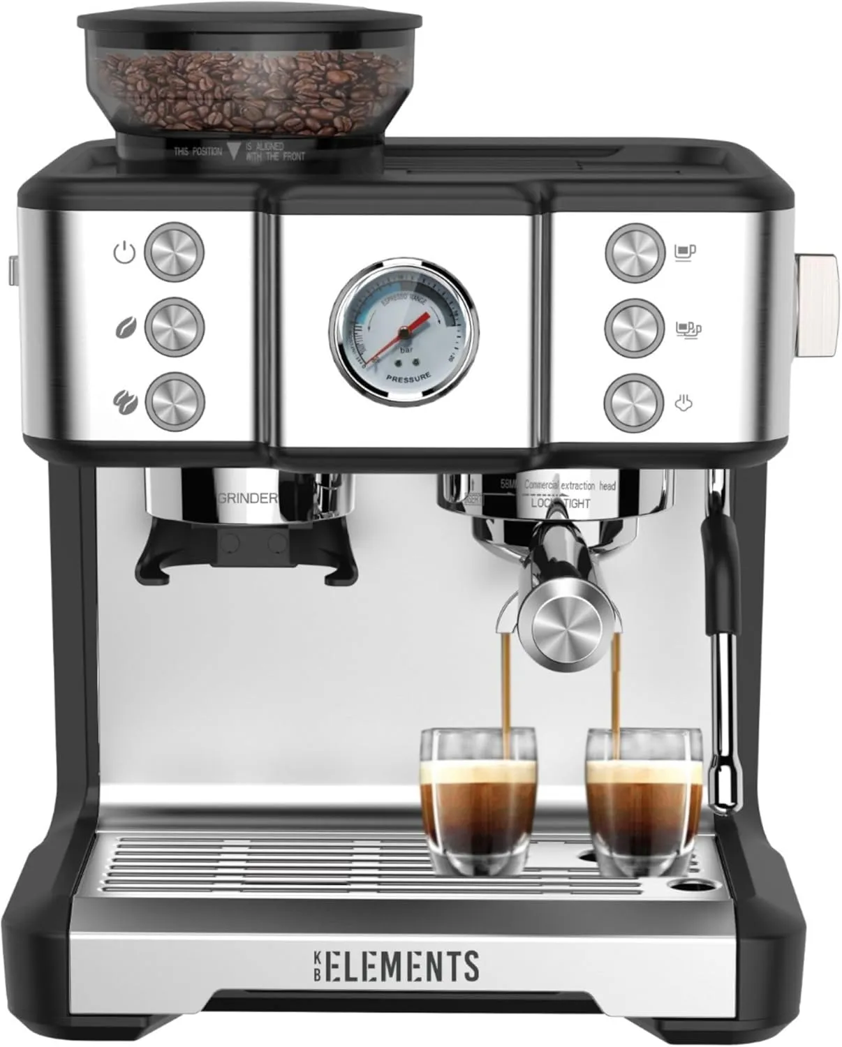 Bild von KB-ELEMENTS Siebträgermaschine mit integriertem Mahlwerk und 20 bar Druck, 2,6 L Wassertank und 58 mm Extraktionskopf in Silber