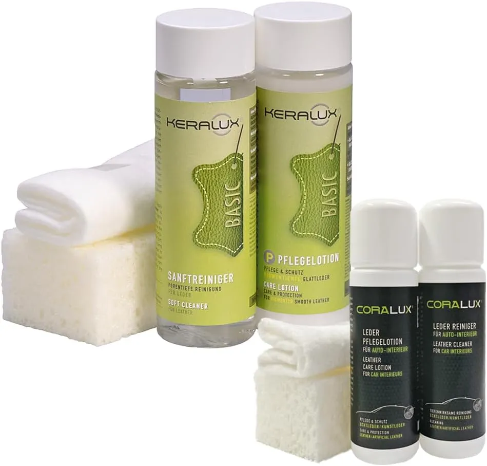 Bild von KERALUX 8-teiliges Set für pigmentiertes Glattleder mit 200 ml Reiniger, 200 ml Pflege, 50 ml Coralux Pflege und Reiniger, 2 Schwämmen und 2 Tüchern, inklusive Imprägnierung und Lichtschutz