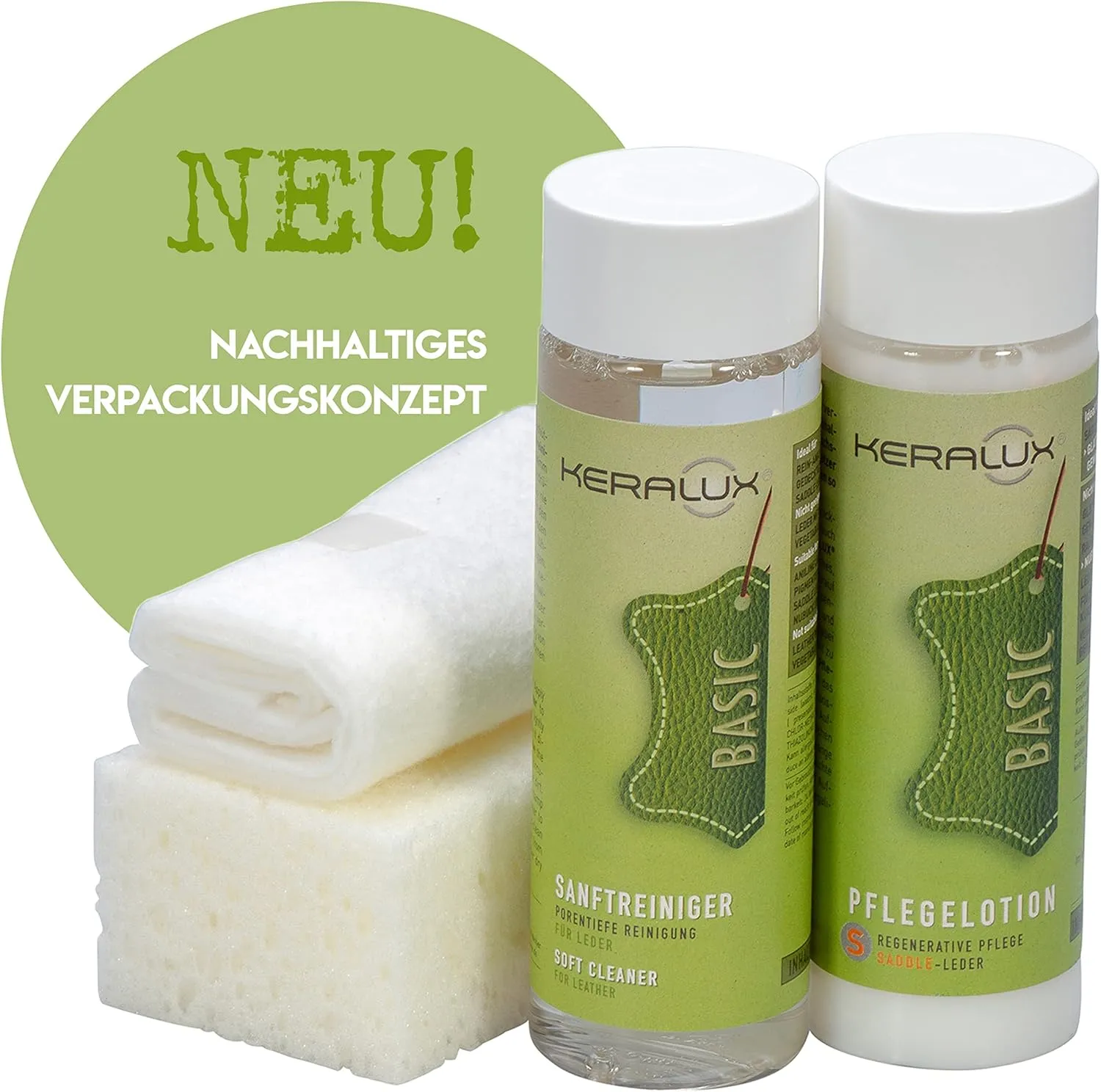 Bild von KERALUX Lederpflege Set S für gewachstes Saddle-Leder mit 200 ml Reiniger und 200 ml Pflegelotion von LCK