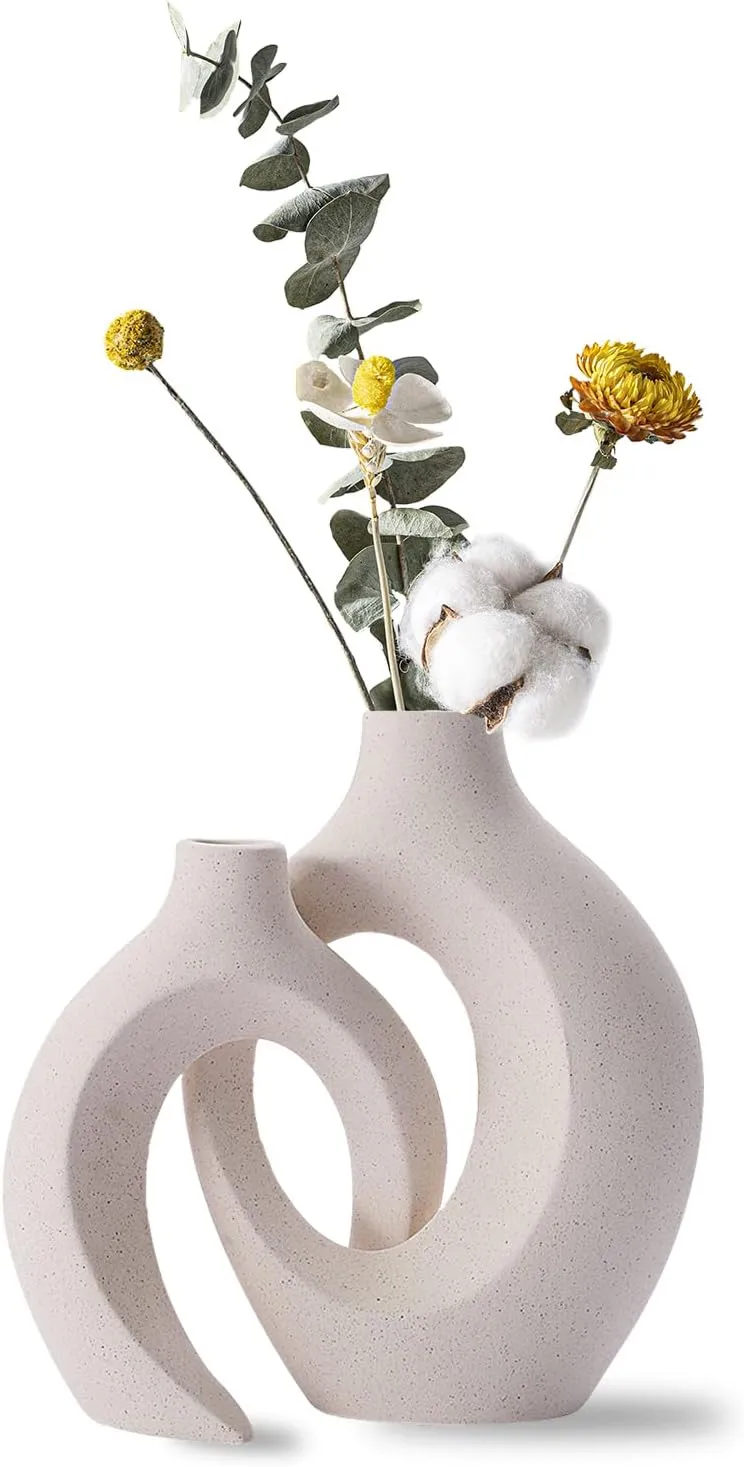 Bild von Keramik Vase Set mit 2 beige Vasen im modernen Nordic Design für Pampasgras und Dekoration