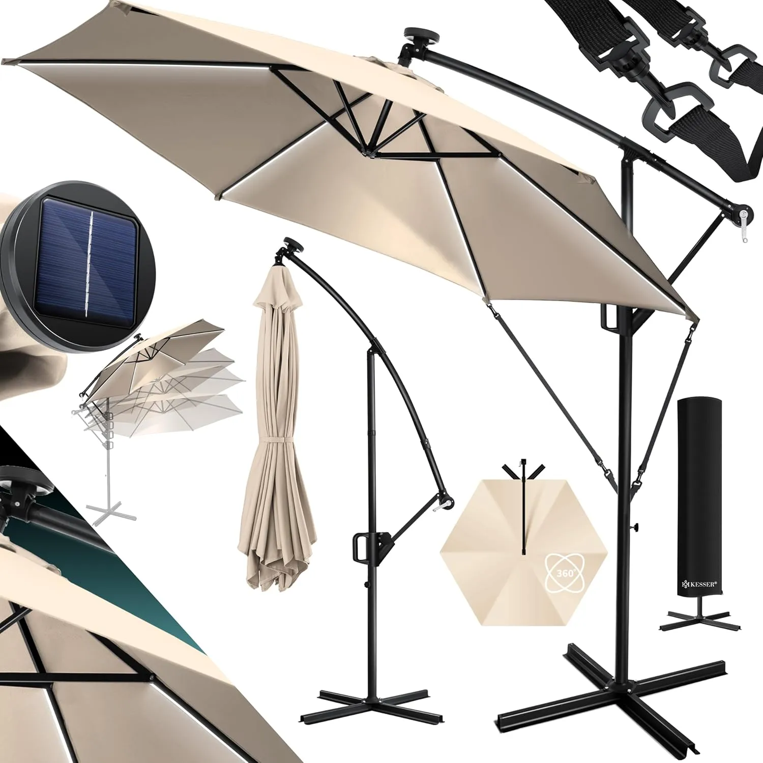 Bild von KESSER Alu Ampelschirm mit 350 cm Durchmesser, LED Solar, Fernbedienung, Kurbelvorrichtung und 360 Grad Funktion in Beige, inklusive Abdeckung und UV-Schutz