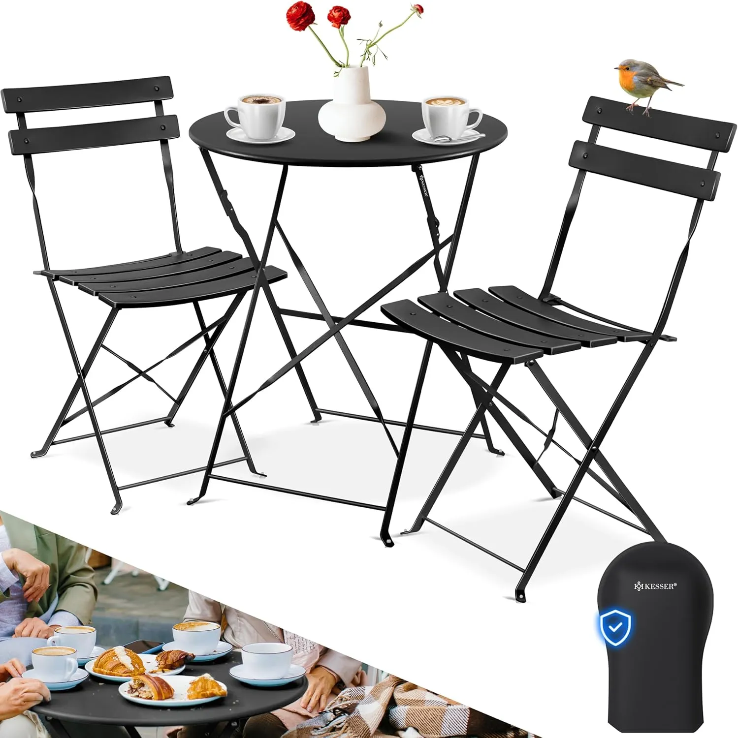 Bild von KESSER Bistroset 3-teilig mit klappbarem Tisch und 2 Stühlen in Schwarz, ideal für Balkon und Garten