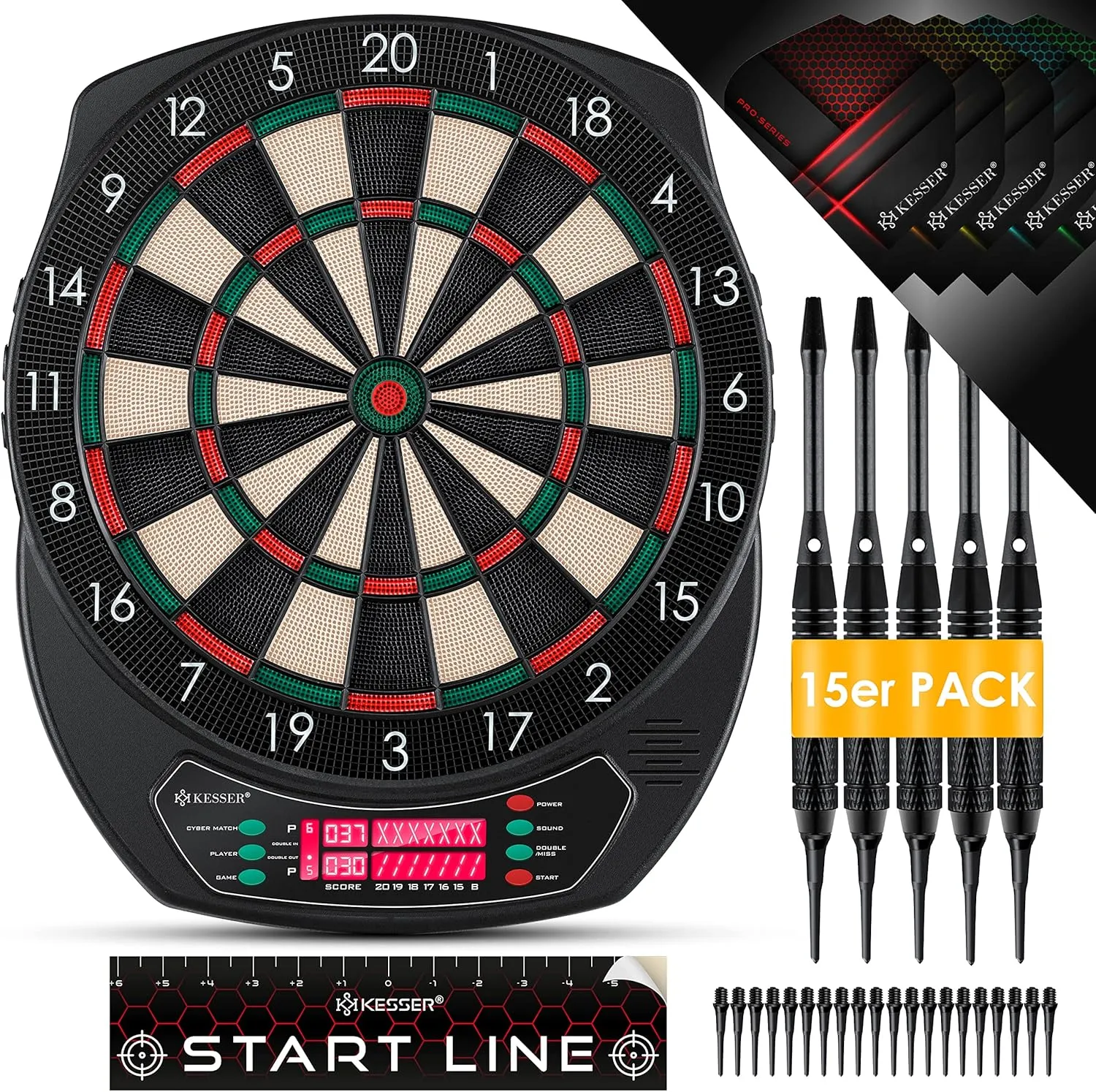 Bild von KESSER Elektronische Dartscheibe Profi Set mit 15 Dartpfeilen, 35 Flights und 100 Pfeilspitzen für 1 bis 8 Spieler