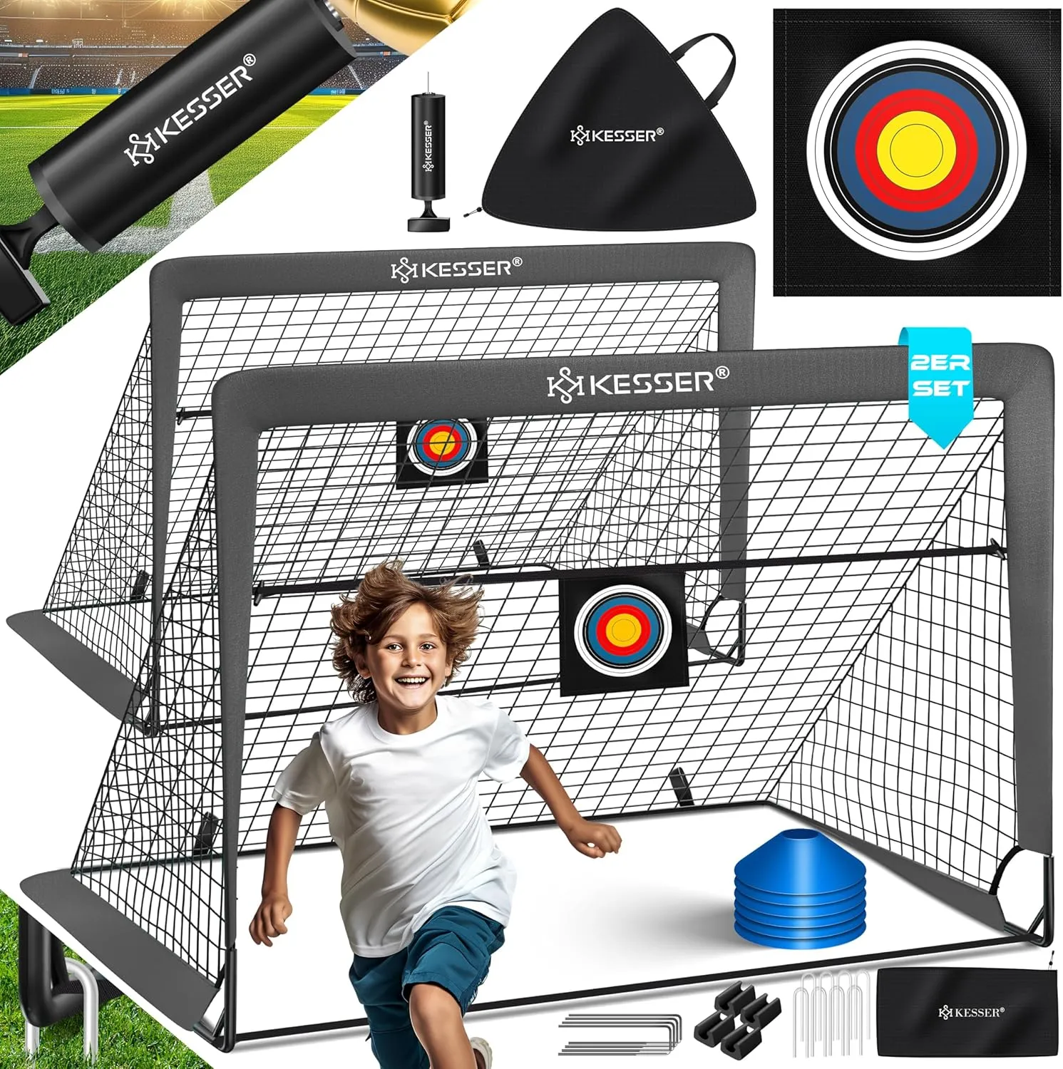 Bild von KESSER Fußballtor Set für Kinder mit 2 faltbaren Toren, Glasfaserstangen, hochwertigen Netzen, Transporttasche, 6 Hütchen und Ballpumpe