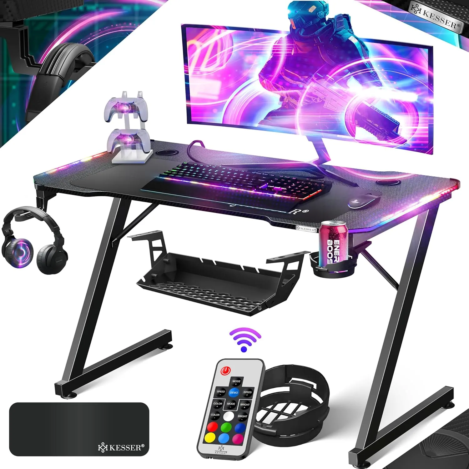 Bild von KESSER Gaming Tisch in Z-Form mit LED, 120 x 60 cm, ergonomisch, stabil und mit Kopfhörerhaken sowie Getränkehalter in Schwarz