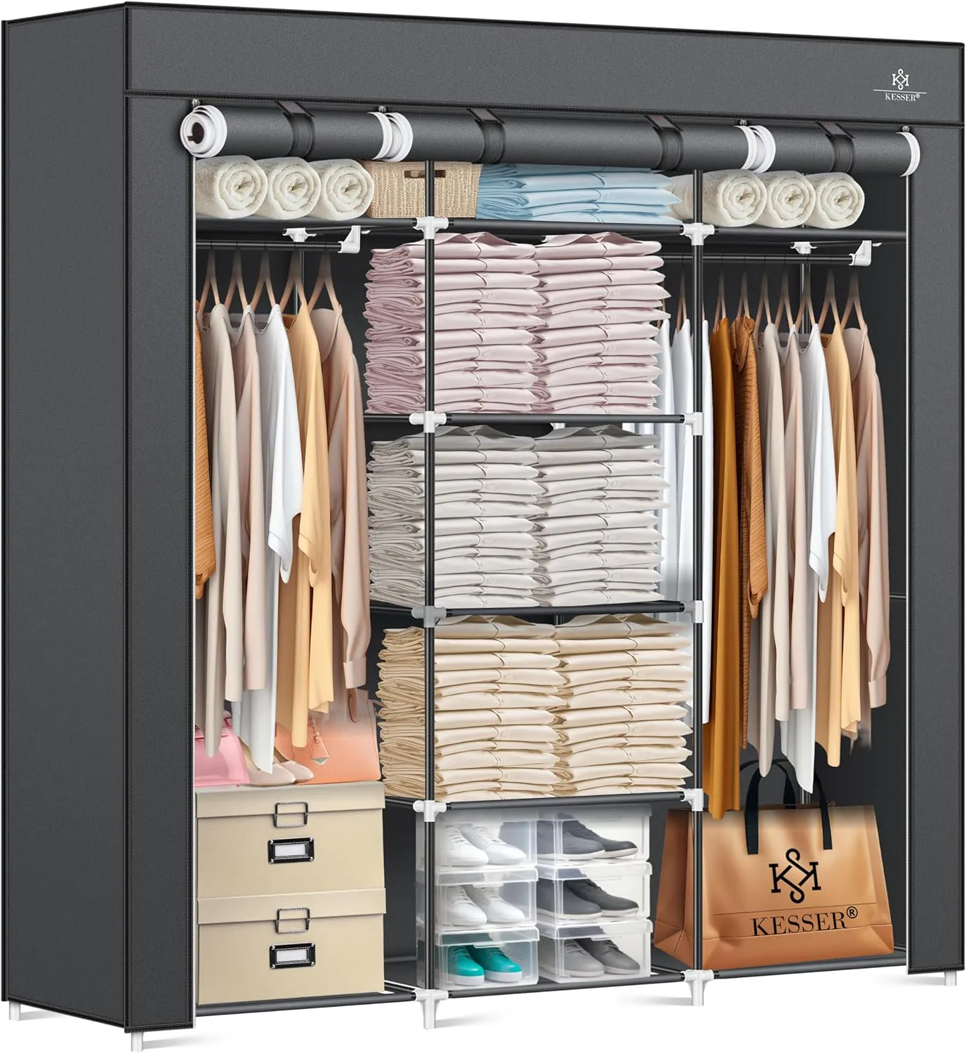 Bild von KESSER Kleiderschrank aus Stoff mit Kleiderstange und Ablagen, inklusive 5 Kleiderbügel, in Anthrazit, Maße 150x45x175 cm