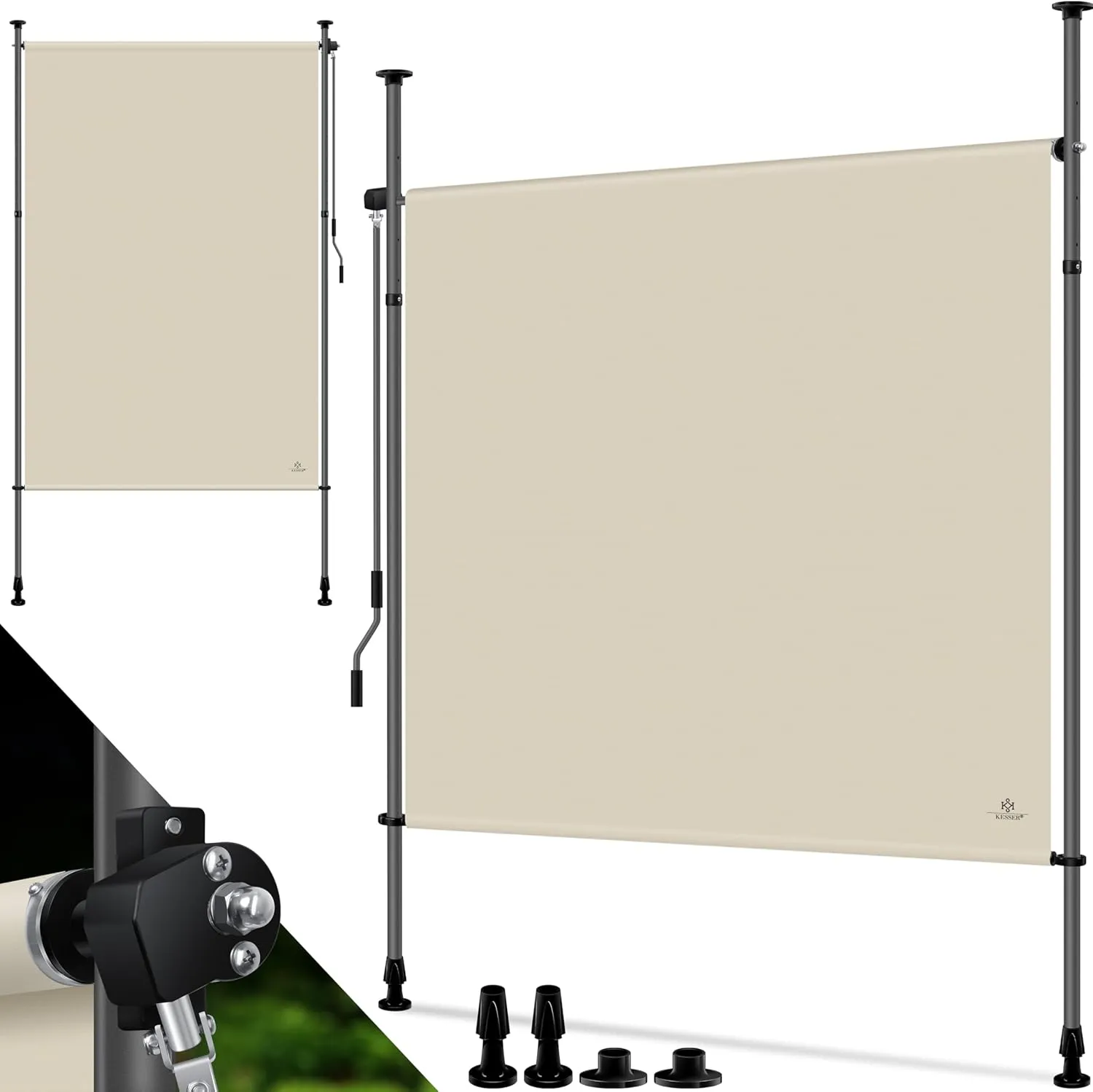 Bild von KESSER Klemmmarkise 200x310 cm in Beige, ausziehbar und blickdicht, mit Handkurbel, ideal als Sicht- und Windschutz für Balkon, Garten und Terrasse