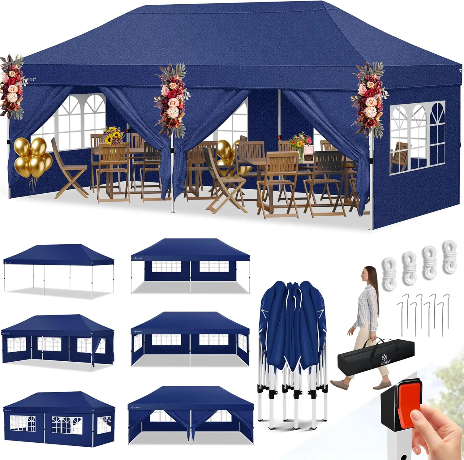 Bild von KESSER Pavillon 6x3m mit 6 abnehmbaren Seitenwänden, höhenverstellbar, wasserdicht und UV-Schutz 50+, inklusive Tasche und Bodenankern