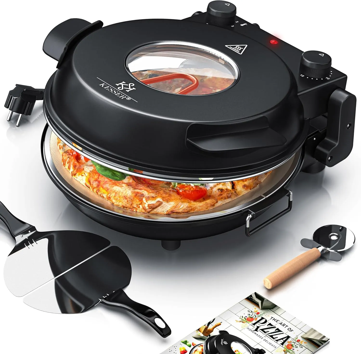 Bild von KESSER Pizzaofen elektrisch mit 1200 Watt und 32 cm Durchmesser, bis 400 Grad, inklusive Pizzaschneider und Rezeptbuch