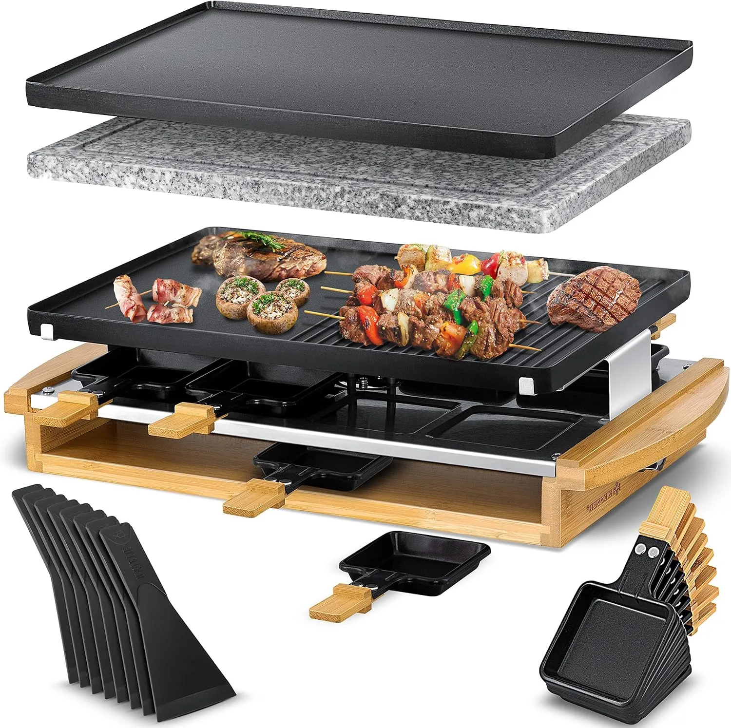 Bild von KESSER Raclette Grill für 8 Personen mit Naturgrillstein und antihaftbeschichteter Grillplatte, inklusive 8 Pfannen und Holzspatel, 1200 Watt