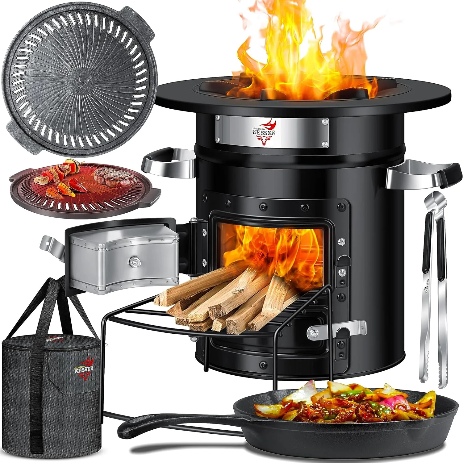 Bild von KESSER Raketenofen mit Grillpfanne, Grillplatte, Grillzange und Tragetasche für Camping und Outdoor