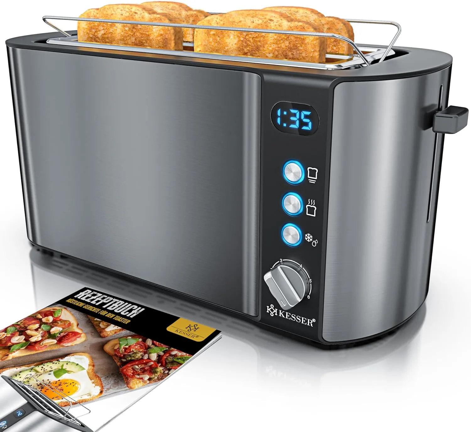 Bild von KESSER Toaster mit Brötchenaufsatz in Anthrazit, Automatik-Langschlitztoaster mit 6 Bräunungsstufen, Auftau- und Aufwärmfunktion, Abschaltautomatik und Liftfunktion, inkl. Krümelblech und Rezeptbuch