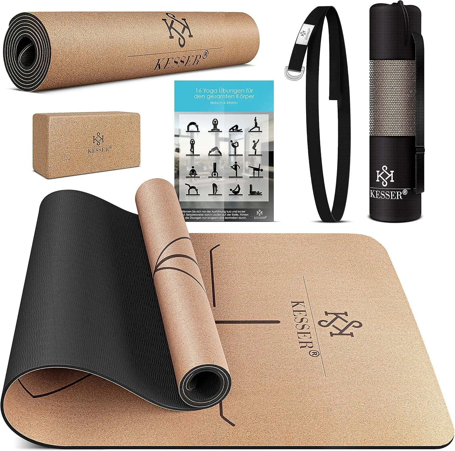 Bild von KESSER Yogamatte aus Kork mit Tragegurt und Yoga-Block, rutschfest und extradick, 183 x 62 cm