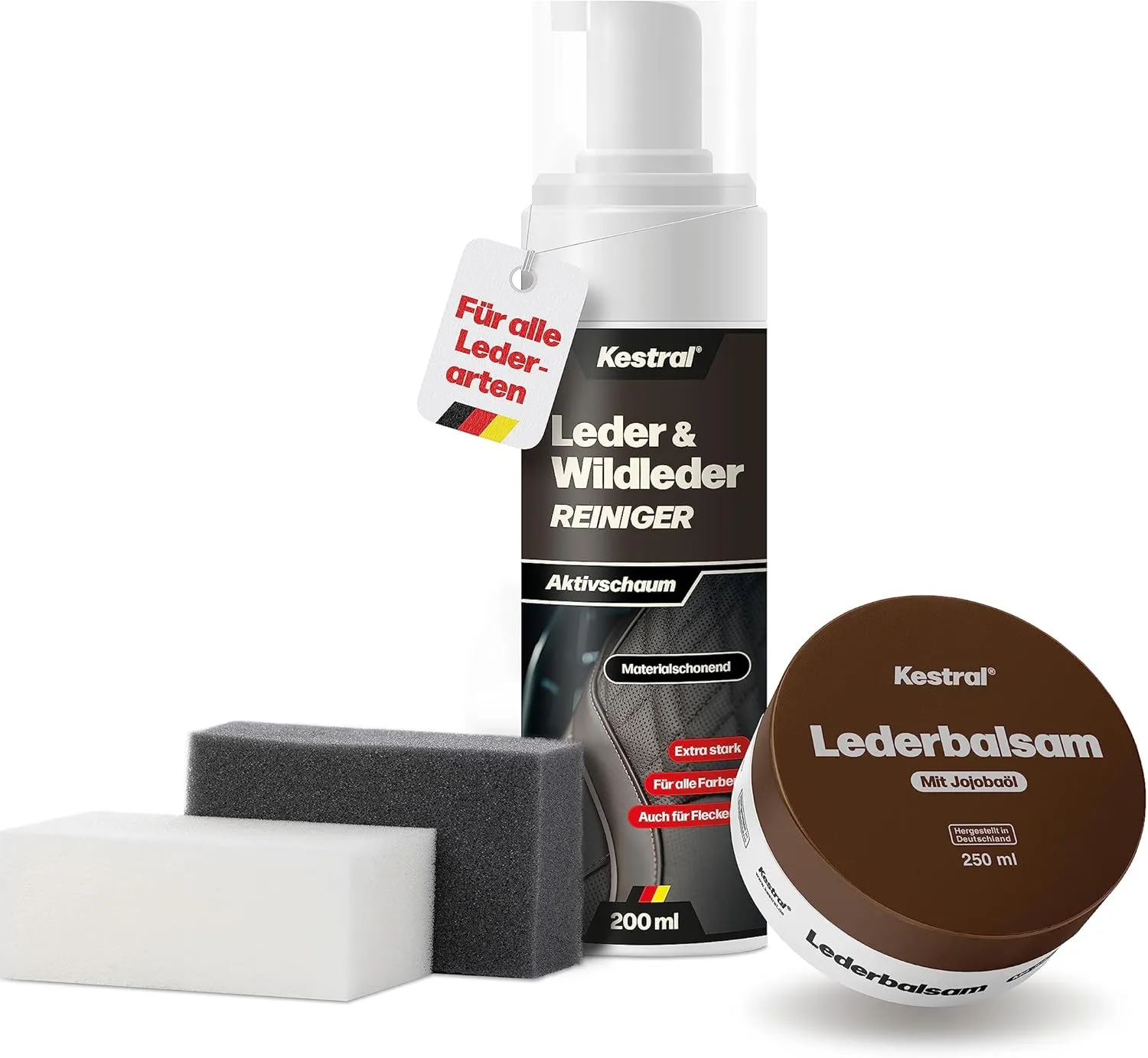 Bild von KESTRAL Lederpflege-Set mit Reiniger und Balsam aus Jojobaöl für porentiefe Reinigung und intensive Pflege von Leder und Kunstleder