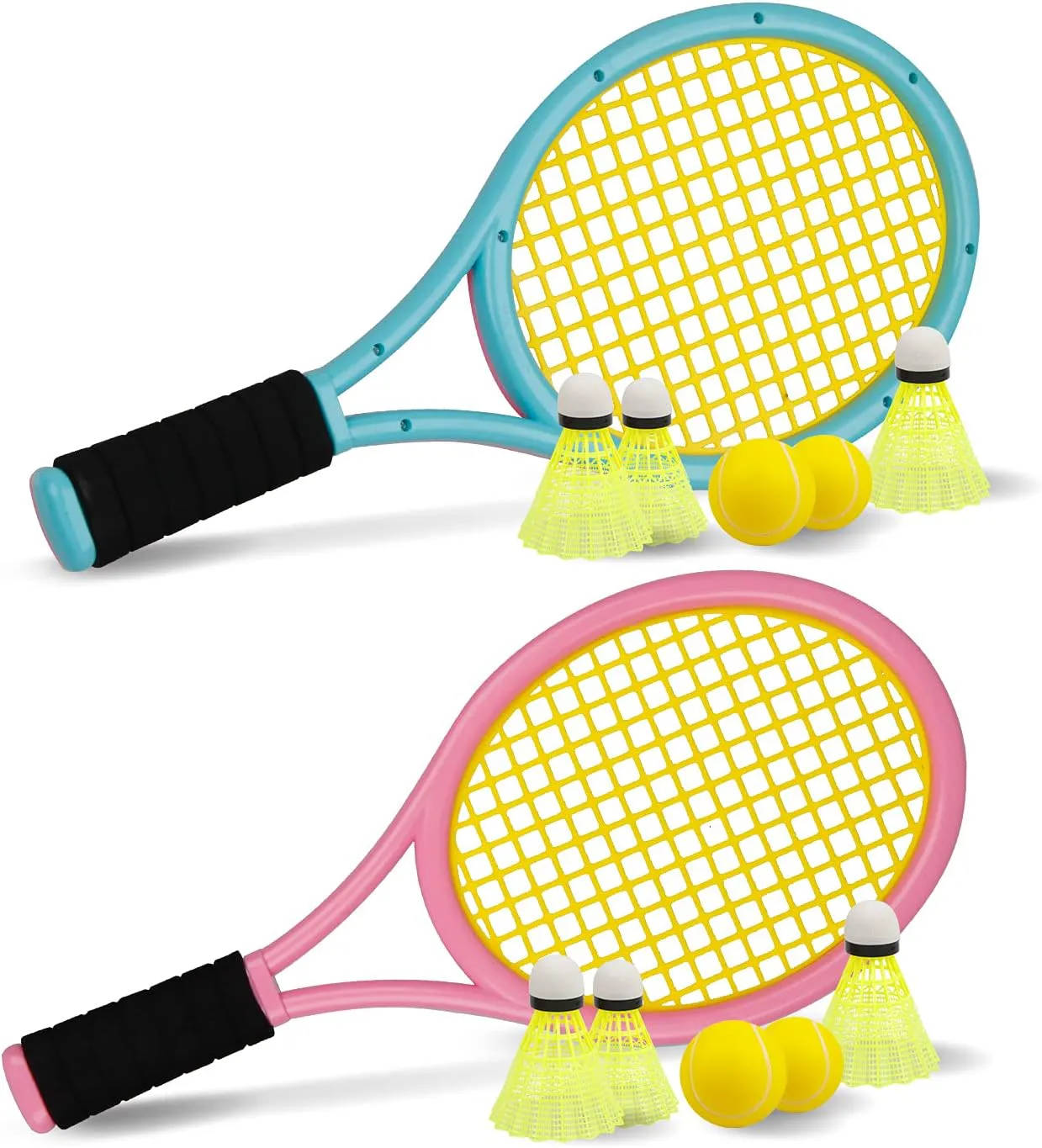 Bild von Kinder Tennisschläger Set mit Tragetasche, 4 Trainingsbällen und 6 Badminton-Birdies für Outdoor und Indoor Sport