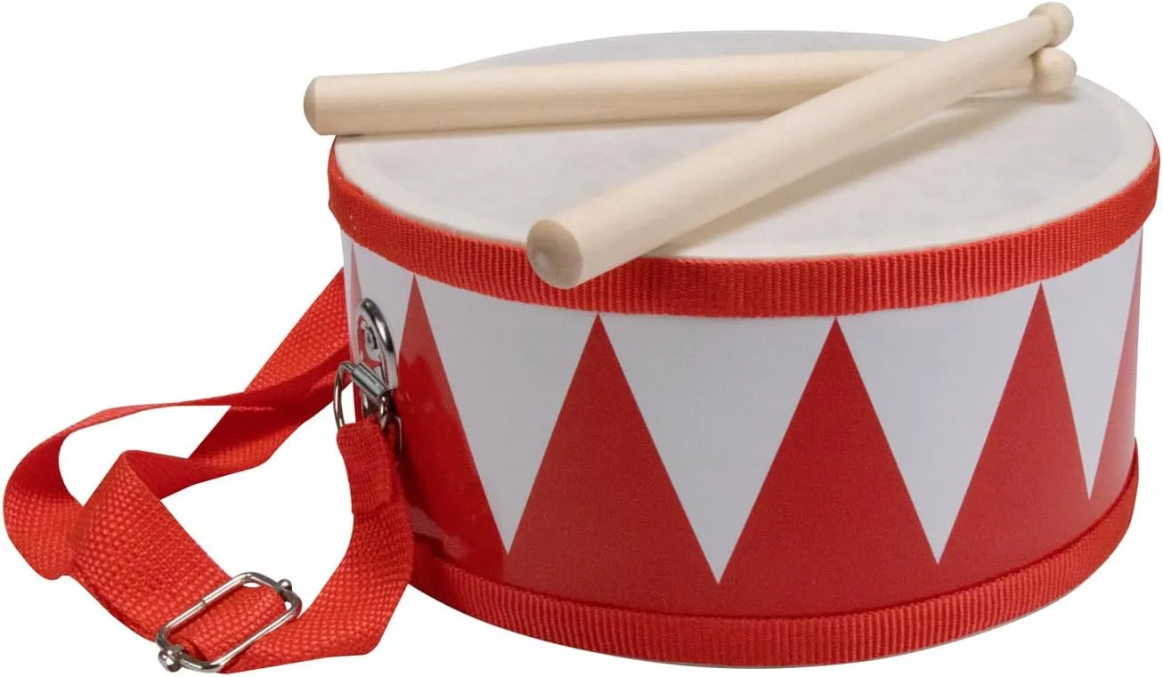 Bild von Kinder Trommel in Rot und Weiß aus Holz mit Trageriemen und Sticks, Durchmesser 20 cm, Artikelnummer 3845r