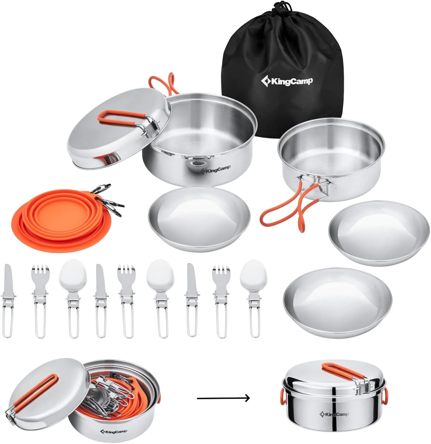 Bild von KingCamp Camping Geschirr Set für 2-4 Personen aus Edelstahl mit faltbarem Besteck und leichtem Topf-Pfanne Set für Campingkocher