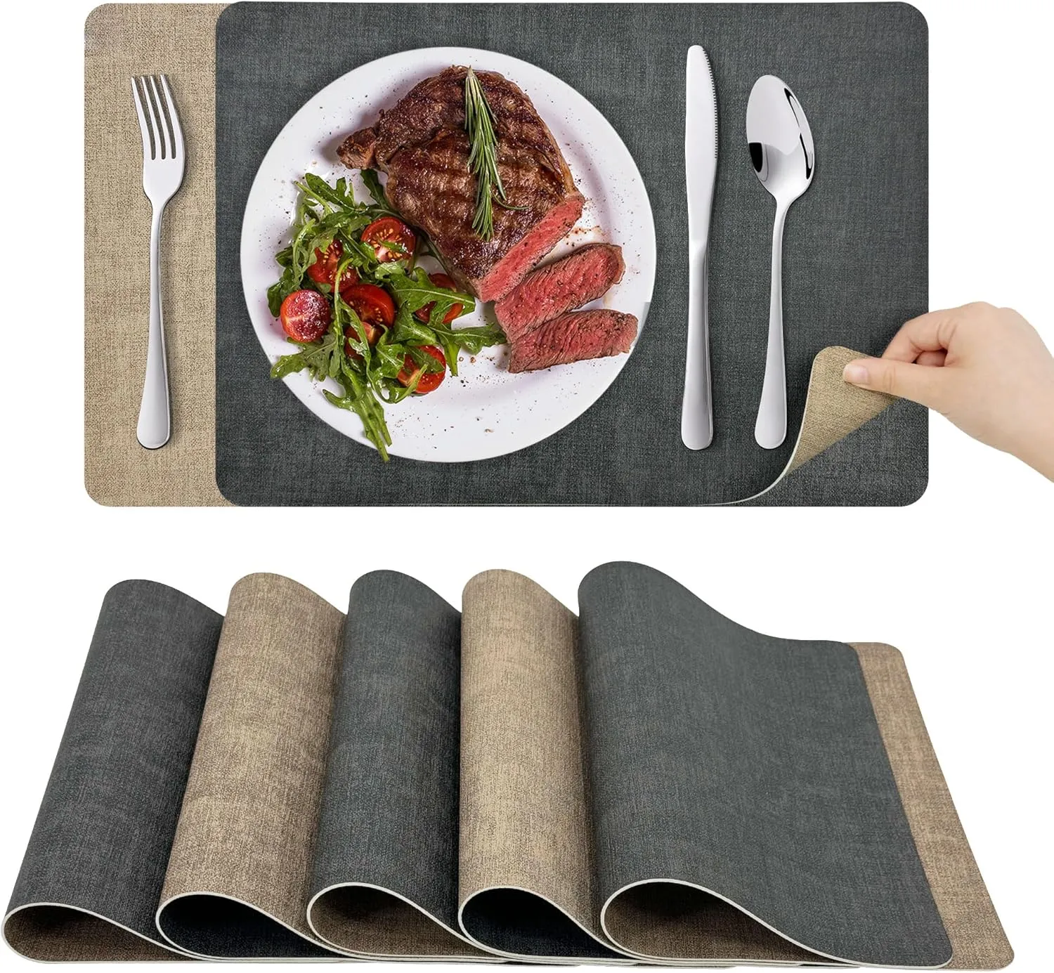 Bild von KitchenBoss 6er Set abwaschbare Platzsets in Grau und Aprikose, hitzebeständig und rutschfest, Maße 43x30 cm