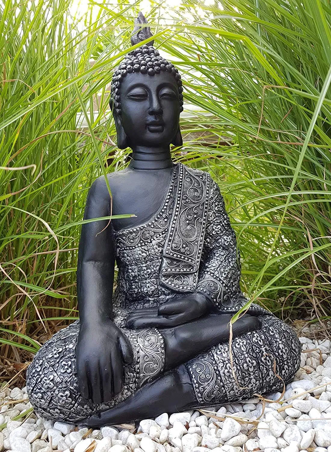 Bild von K&L Buddha Statue aus Kunststein in Grau mit 45 cm Höhe für Garten und Feng Shui Deko