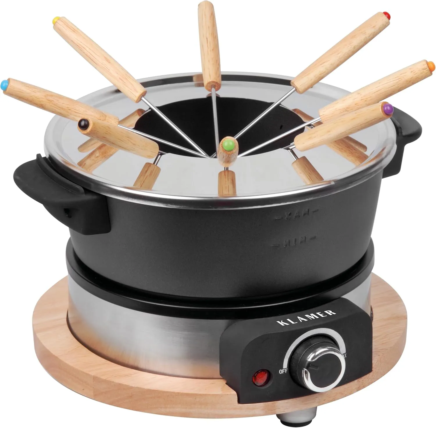 Bild von KLAMER elektrisches Fondue Set für bis zu 8 Personen mit 8 Fonduegabeln und stufenloser Temperatureinstellung, inklusive Spritzschutz und Alugusstopf mit nachhaltiger Gummibaumverkleidung