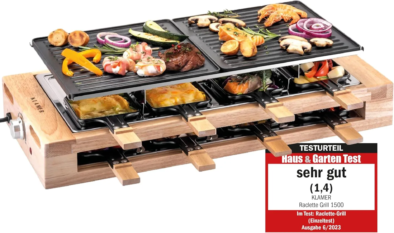 Bild von KLAMER Raclette Grill für 8 Personen mit 1500 Watt und antihaftbeschichteter Grillplatte im Holzgestell