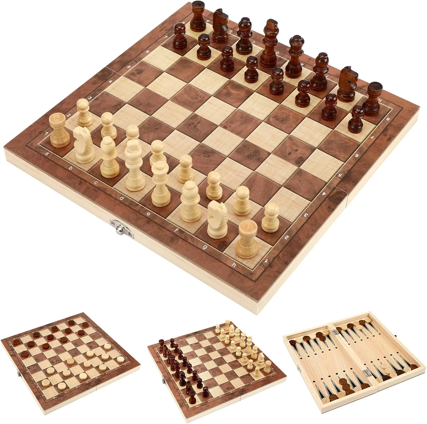 Bild von Klappbares Schachspiel aus Holz im 3-in-1 Design, tragbar und ideal für Familie und Reisen, Größe 29x29 cm
