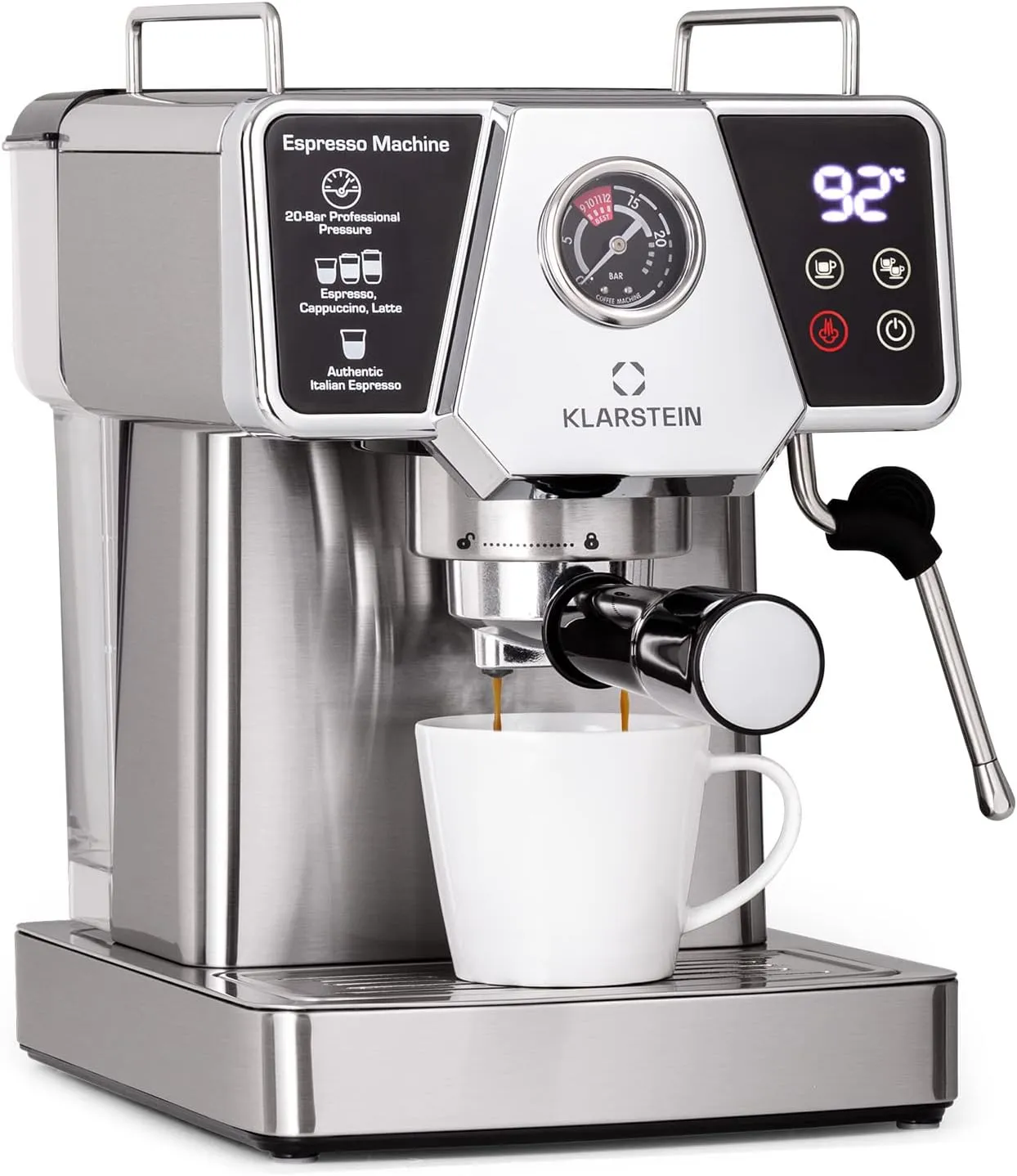 Bild von Klarstein 1,8 L Siebträgermaschine für 2 Tassen mit Milchschäumer und 19 Bar Druck, Edelstahl, 1350 W