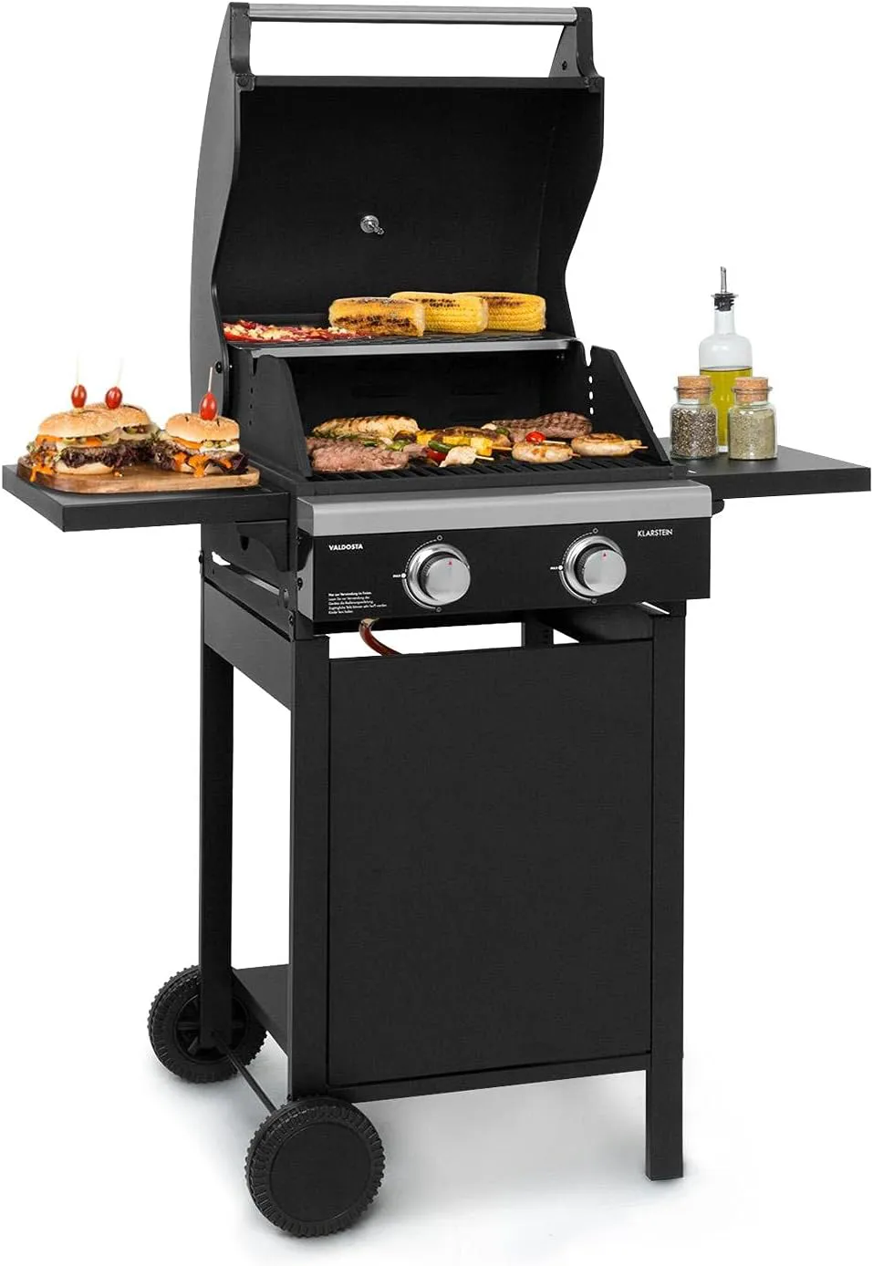Bild von Klarstein Valdosta mobiler Gasgrill mit 2 Edelstahlbrennern und Thermometer, 7,2 kW, gusseiserner Grillrost 450 x 450 mm