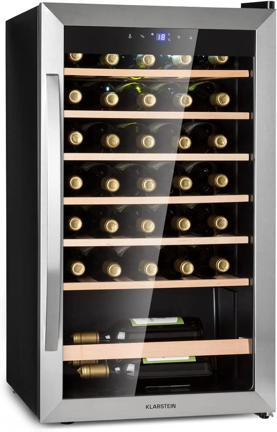 Bild von Klarstein Weinkühlschrank für 36 Flaschen mit Glastür und LED-Beleuchtung, freistehend, einstellbare Temperatur von 4 bis 18 Grad
