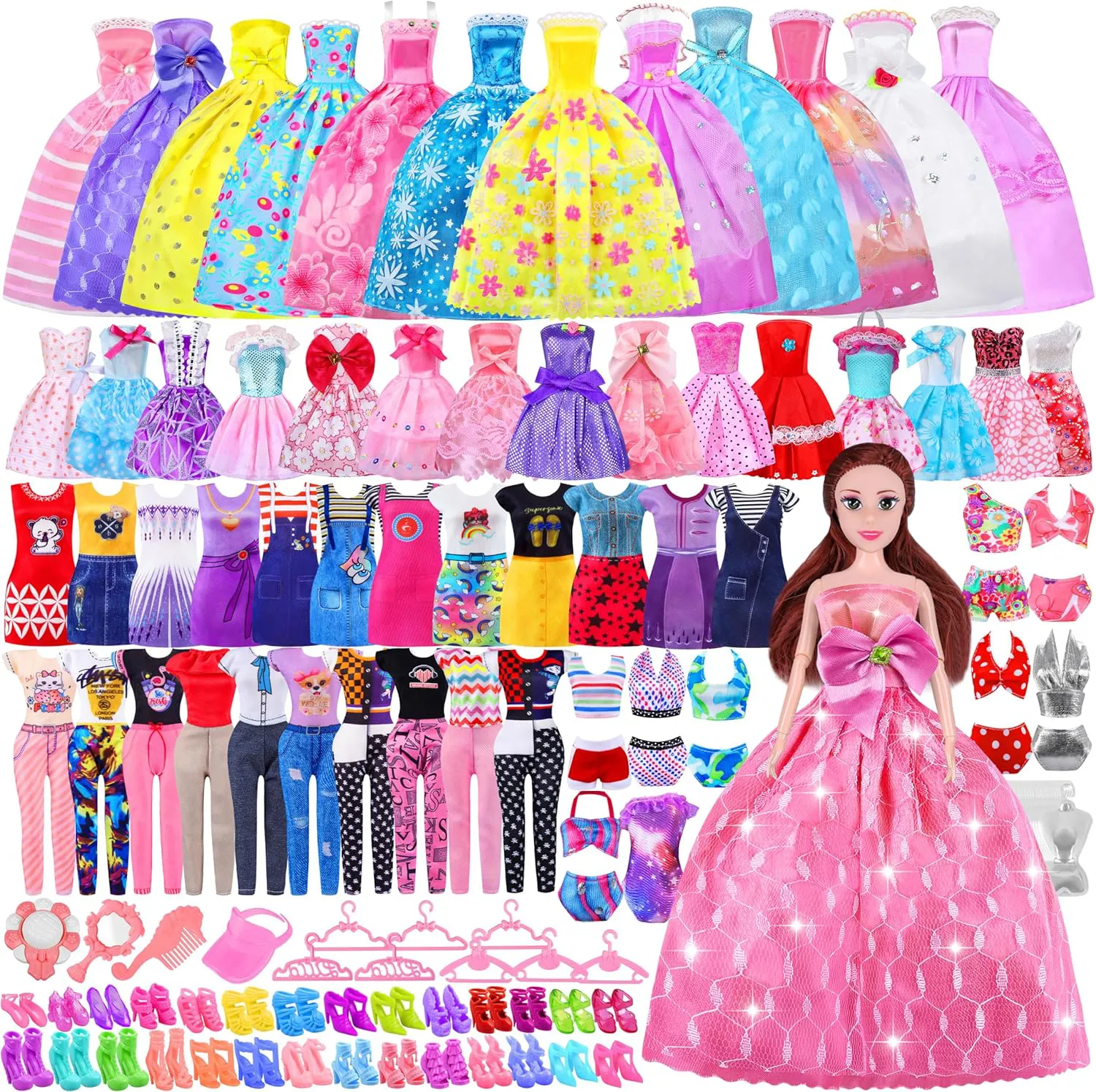 Bild von Kleidung und Schmuck Zubehör Set für Puppen mit über 110 Teilen, inklusive 5 Partykleidern, 11 Fashion Kleidern, 2 Hosen, 1 Top, 2 Badeanzügen, 10 Paar High Heels, 40 Kleiderbügel, 1 Hut und einer 11,5 Zoll Puppe