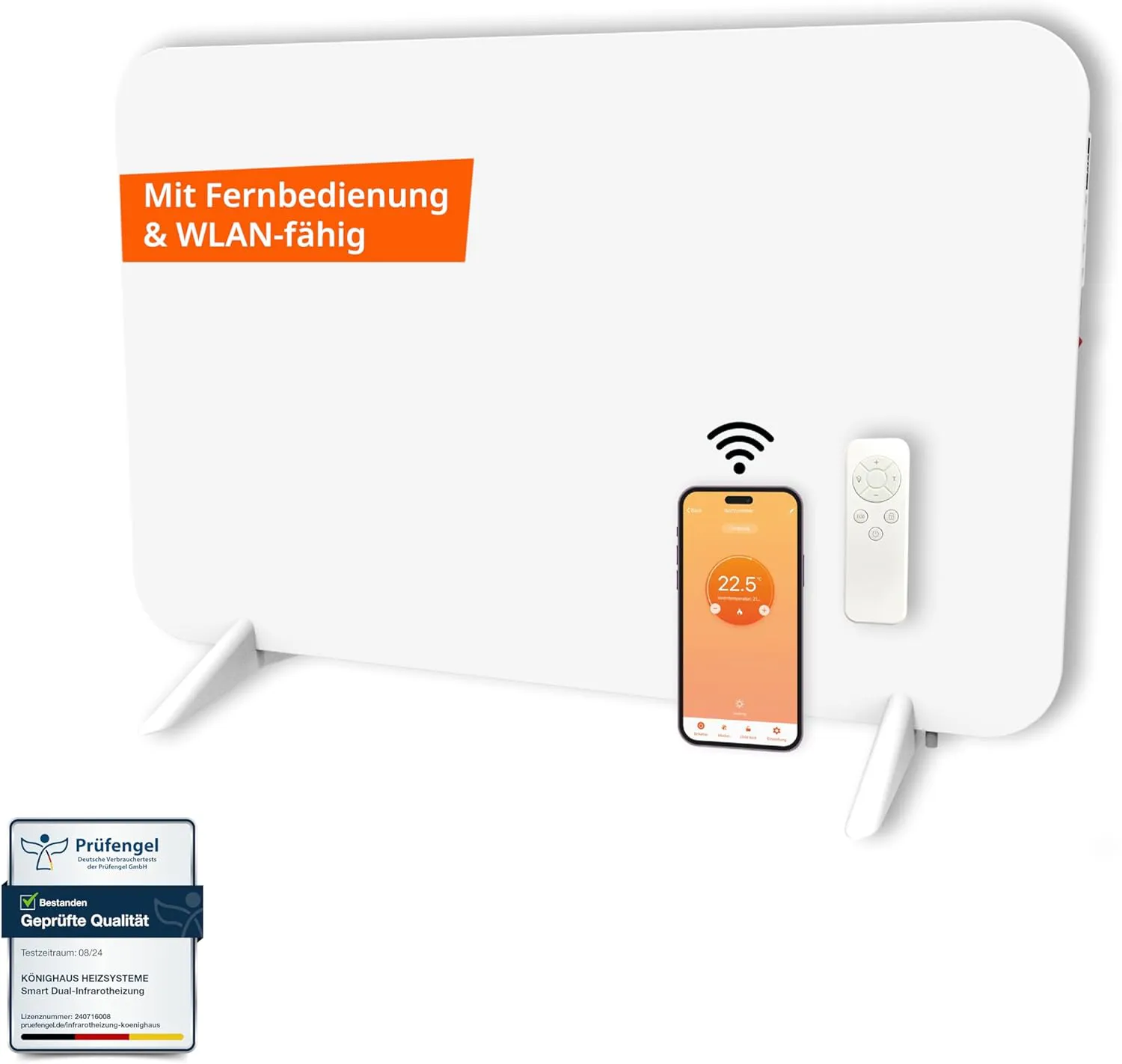 Bild von Könighaus 450W Smart Dual-Infrarotheizung mit WLAN App-Steuerung, Fernbedienung, Handtuchhalter, Standfüßen und Befestigungsmaterial in Weiß