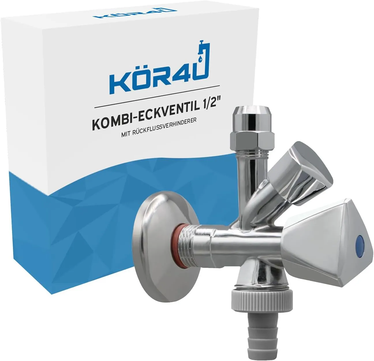 Bild von kör4u Kombi-Eckventil 1/2 Zoll in Chrom mit Rückflussverhinderer und Schlauchanschluss für Waschmaschine und Spülmaschine