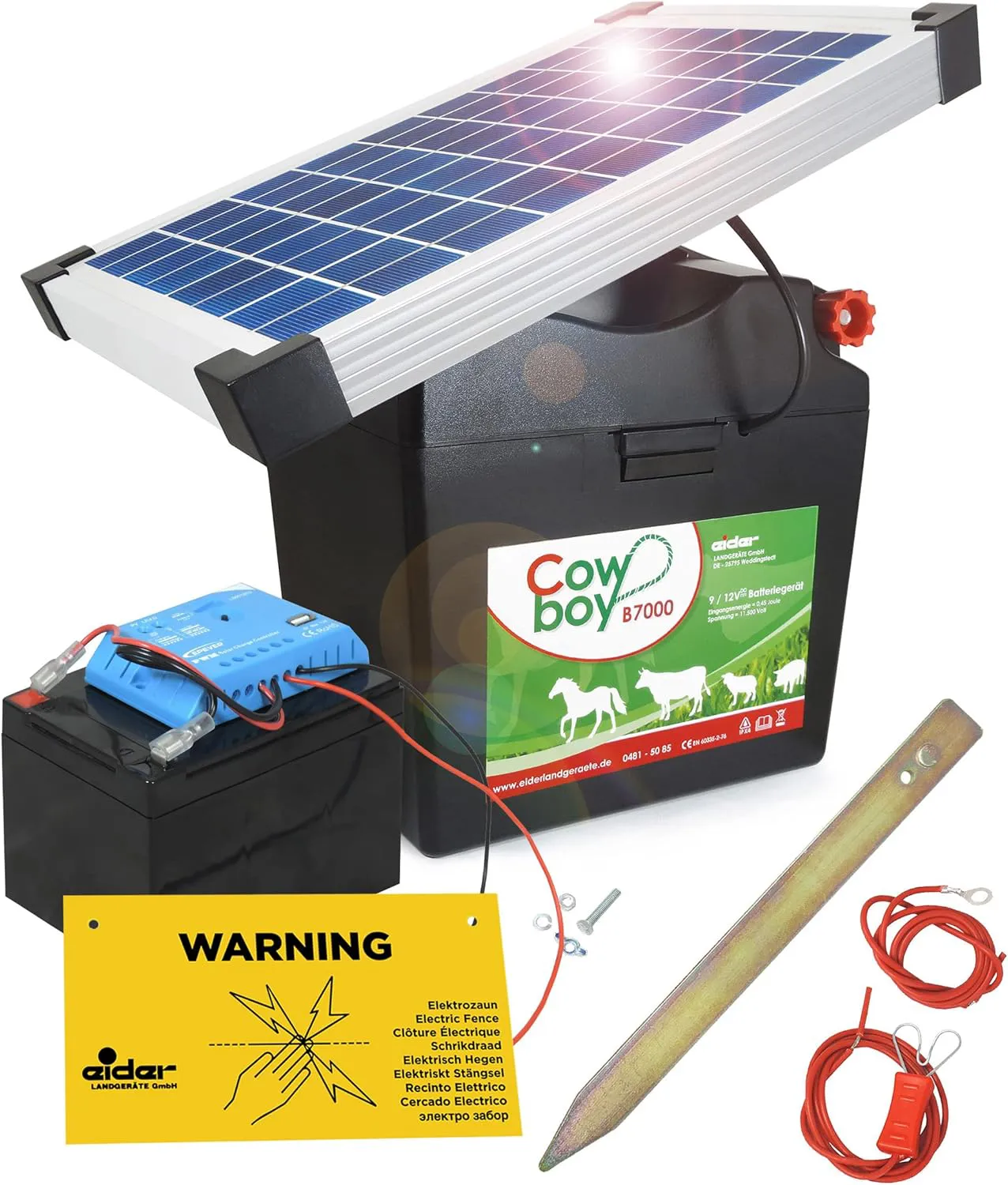 Bild von Koll Living Cowboy B7000 Weidezaungerät mit 12V Akku und 10 Watt Solarmodul, wartungsfrei und solarbetrieben, Made in Germany