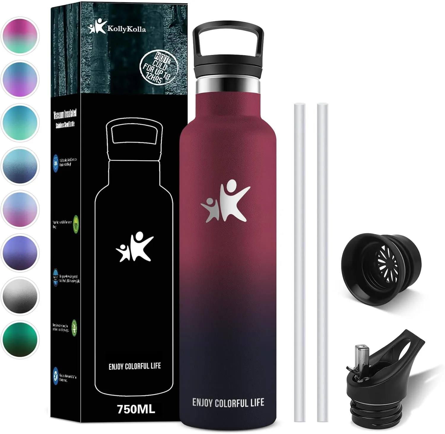 Bild von KollyKolla 750ml Thermosflasche aus Edelstahl, BPA-frei, geeignet für kohlensäurehaltige Getränke, mit Strohhalm und auslaufsicher, ideal für Uni, Sport und Büro