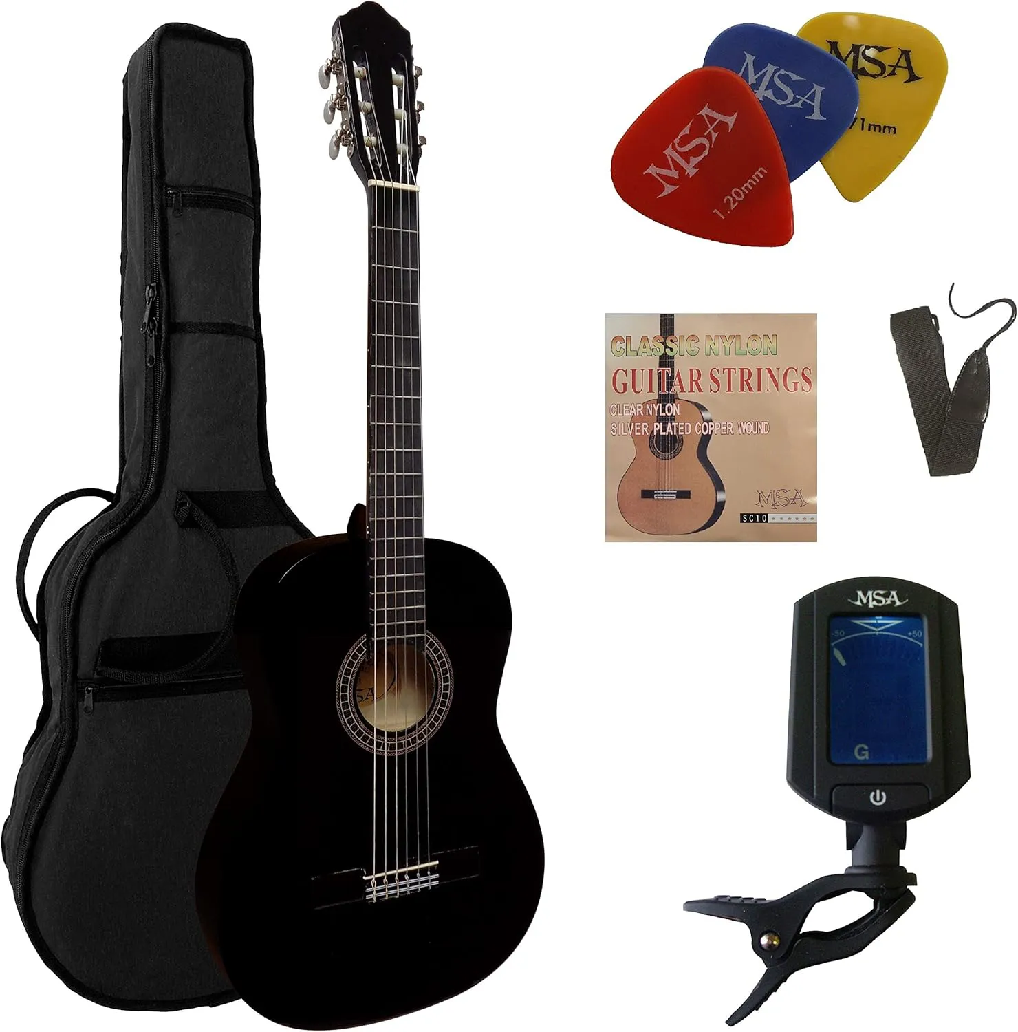Bild von Konzertgitarre Set in Schwarz mit Lindenholzdecke, Stimmgerät, Tasche, Band, Nylonsaiten und drei Piks