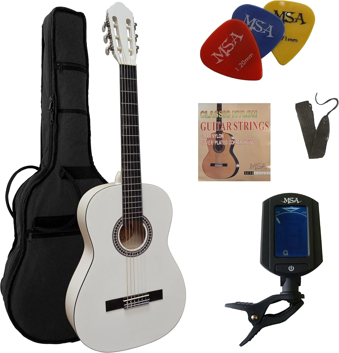 Bild von Konzertgitarre Set in Weiß mit Lindenholzdecke, Tasche, Band, Saiten, drei Picks und Stimmgerät ET33B C26