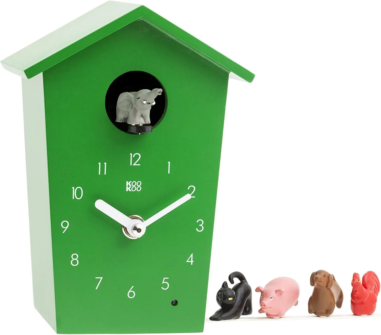 Bild von KOOKOO AnimalHouse Kuckucksuhr in Grün mit 5 Bauernhoftieren und modernem Design