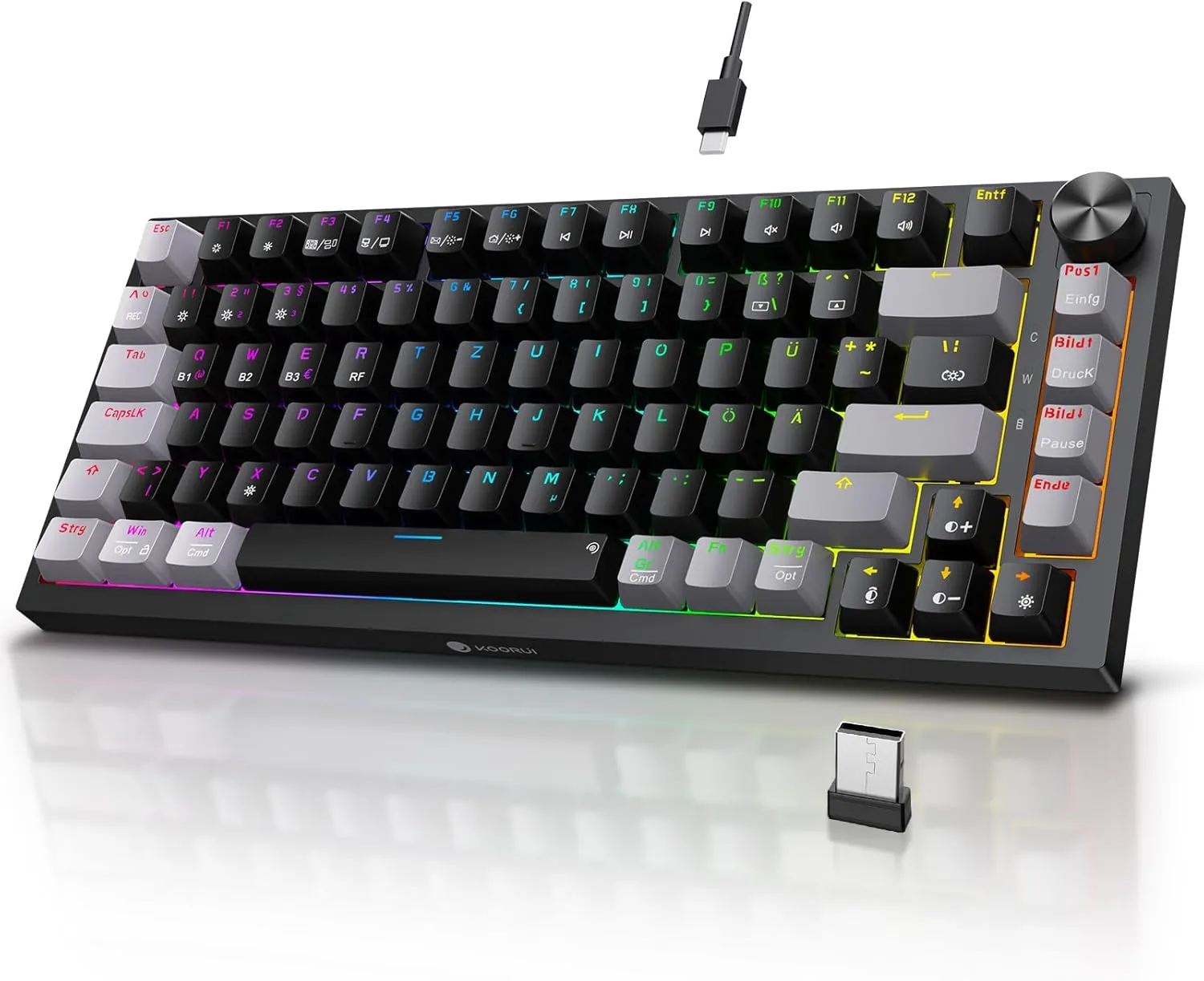 Bild von KOORUI Mechanische Gaming Tastatur mit 82 Tasten, kabellos und kabelgebunden, Bluetooth, 26 RGB-Beleuchtungsmodi und 4000mAh Akku, deutsches QWERTZ Layout für Windows, MacOS und Linux