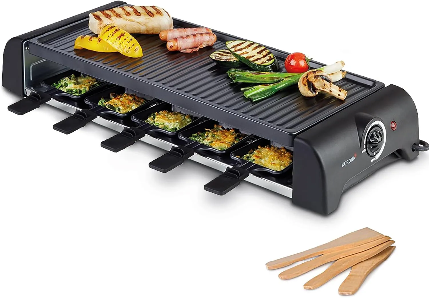 Bild von Korona Raclette für 10 Personen mit 10 Pfannen und Holzspateln, antihaftbeschichteter Grillplatte, 1,2 m Kabel und 1500 Watt in Schwarz