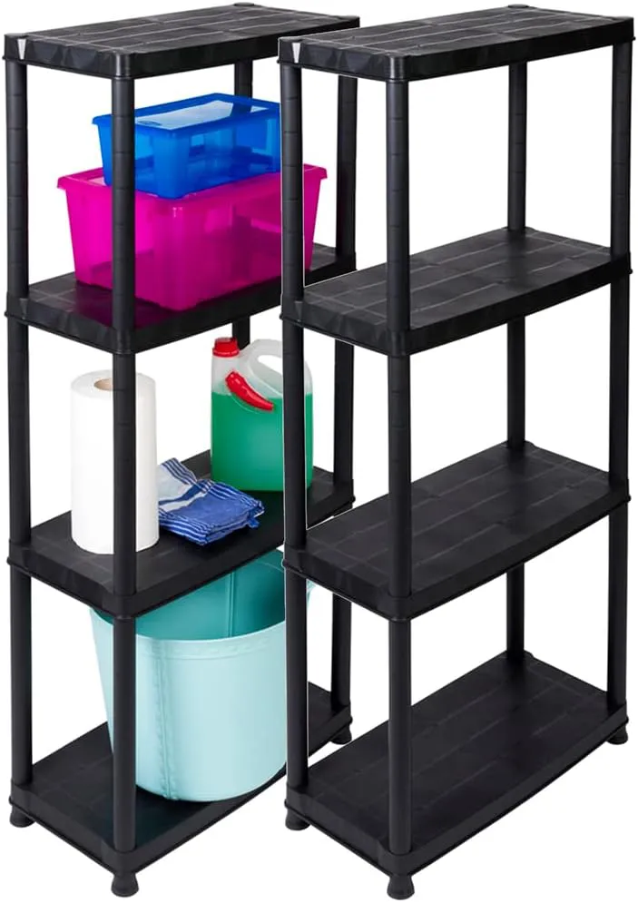 Bild von Kreher Spar-Set mit 2 schwarzen Kunststoffregalen, 4 Böden, max. 100 kg Traglast pro Regal, Maße 61 x 30,5 x 130 cm, TÜV Rheinland zertifiziert.