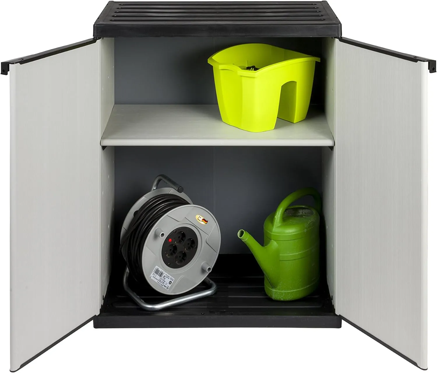 Bild von Kreher stabiler Kunststoffschrank mit spritzwassergeschütztem Deckel und Bodenplatte, leicht aufzubauen, ideal für Innen- und Außeneinsatz