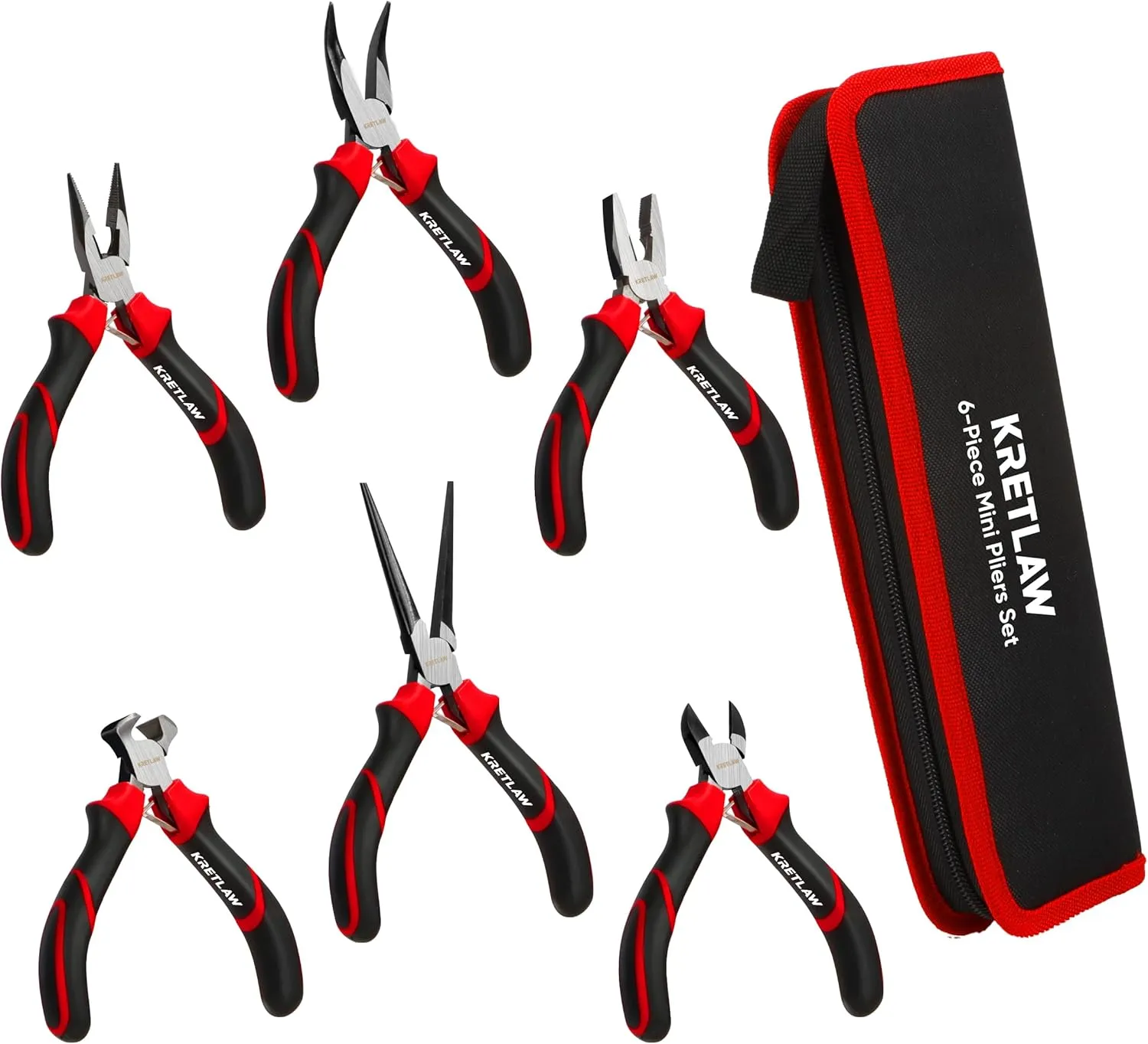 Bild von KRETLAW 6-teiliges Mini-Zangenset mit Linesman-Zange, langen Nasen, Nadelzange, gebogener Spitzzange, Drahtschneider und Seitenschneider in praktischer Tasche